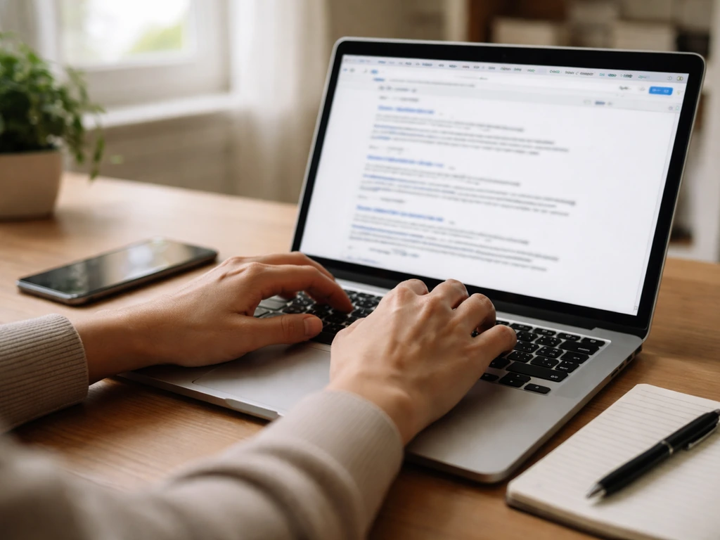 Hands typing on a laptop with blurred search tabs beside a phone, suggesting researching and fact-checking.