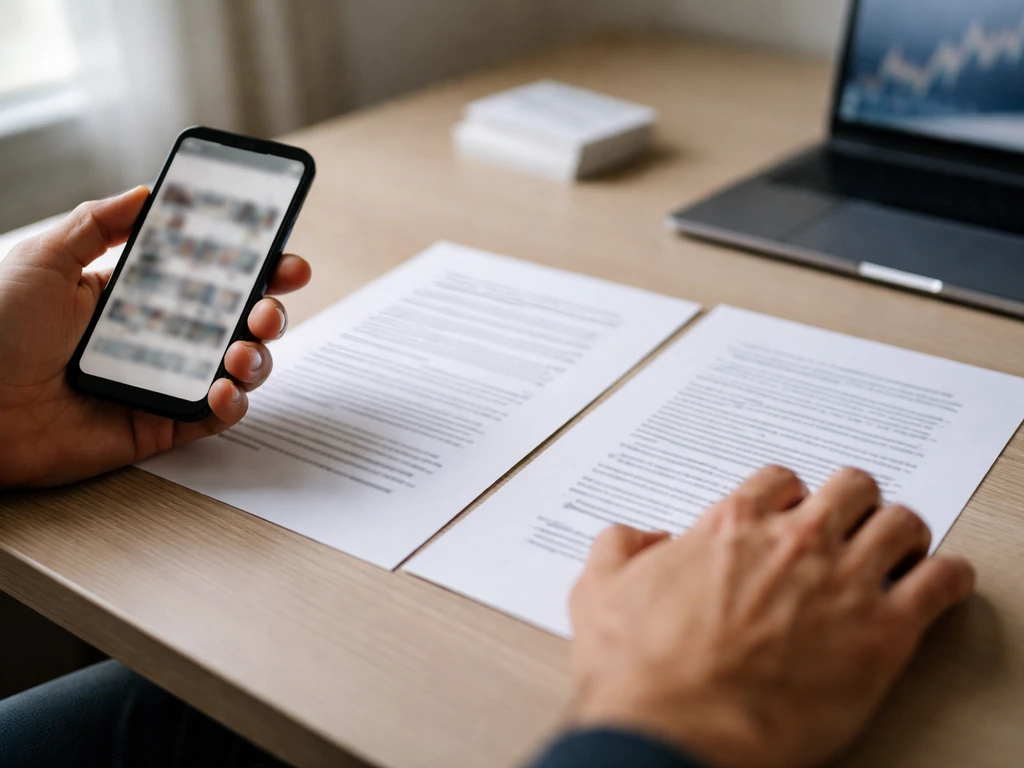 Close-up of hands comparing documents and a phone with a blurred investor-style background, for identity verification th