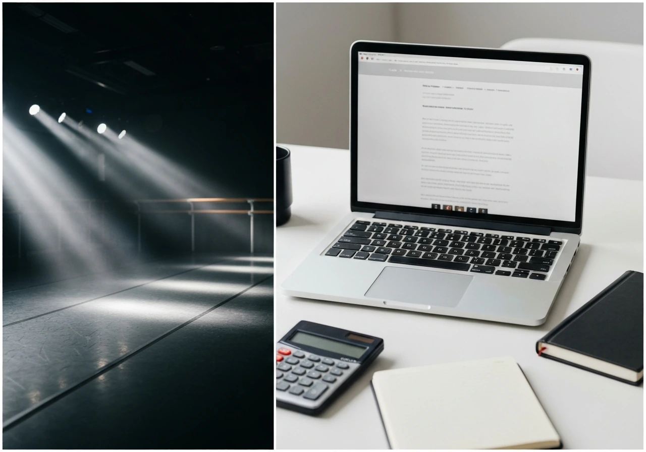 Split image: dance studio stage on left, desk with laptop and calculator on right for net-worth research theme