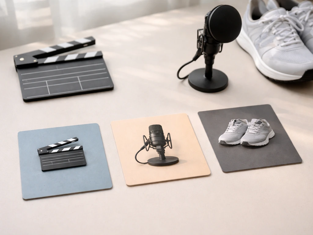 Minimal desk scene with three symbolic placeholders and studio/film/athletic items showing same-name mix-up risk.