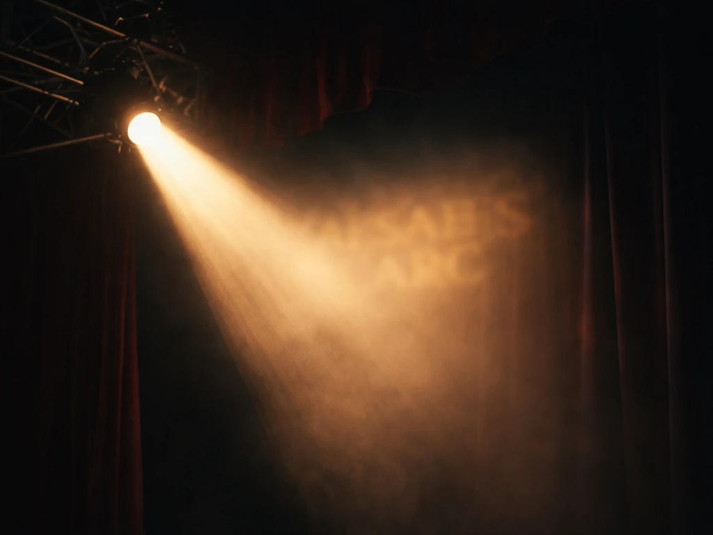 Close-up of stage lighting beams and a theater spotlight illuminating a velvet curtain backdrop.
