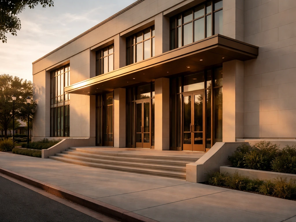 Exterior of USC Glorya Kaufman School of Dance building with evening glow
