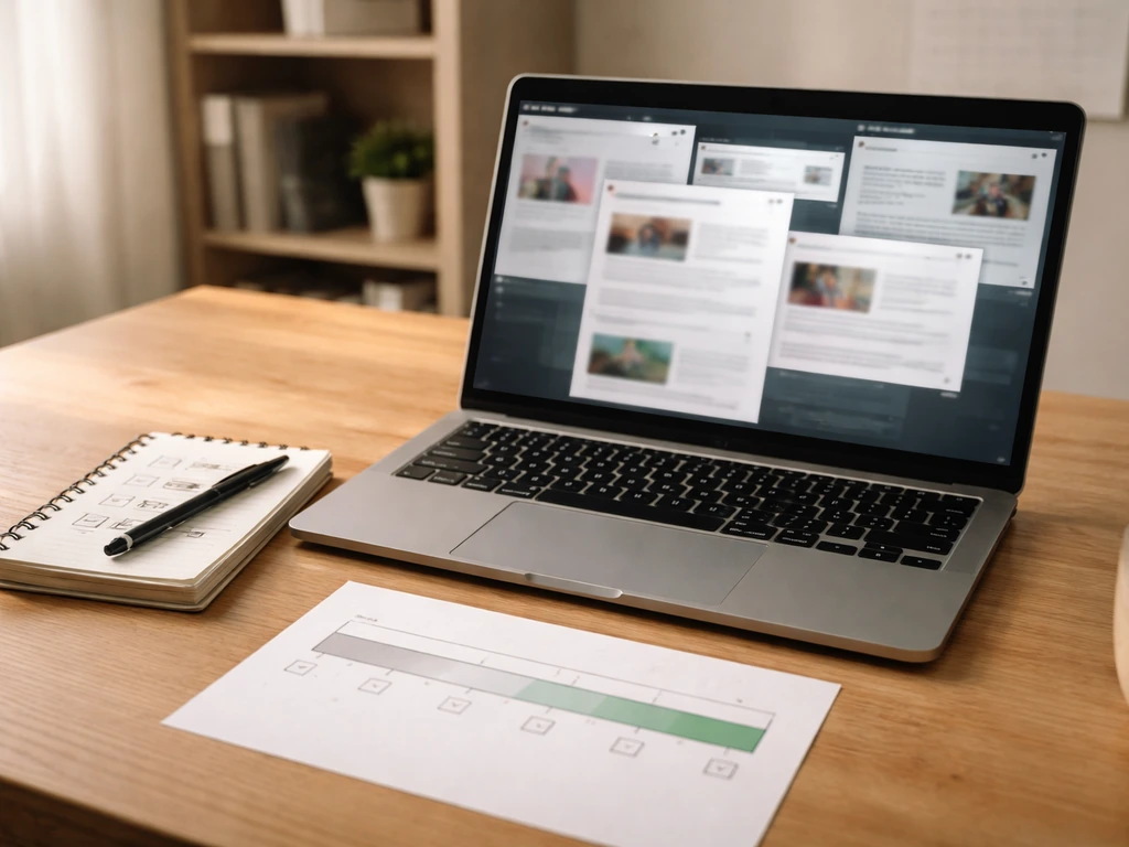 Minimal browser-style scene showing documents and a reliability scale for cross-checking sources
