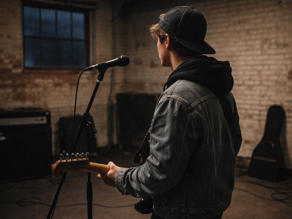 Anonymous musician rehearsing in a warehouse with a guitar and microphone setup.