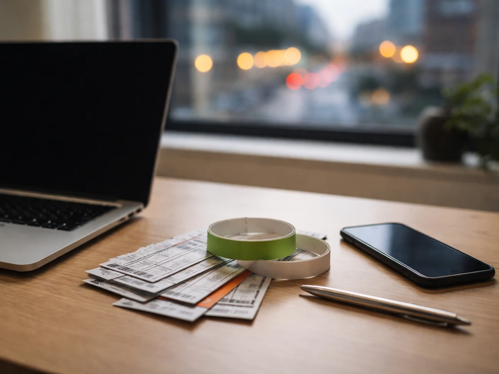 Minimal photo of a desk with ticket stubs, a laptop, and a glass of water symbolizing event and attendance evidence