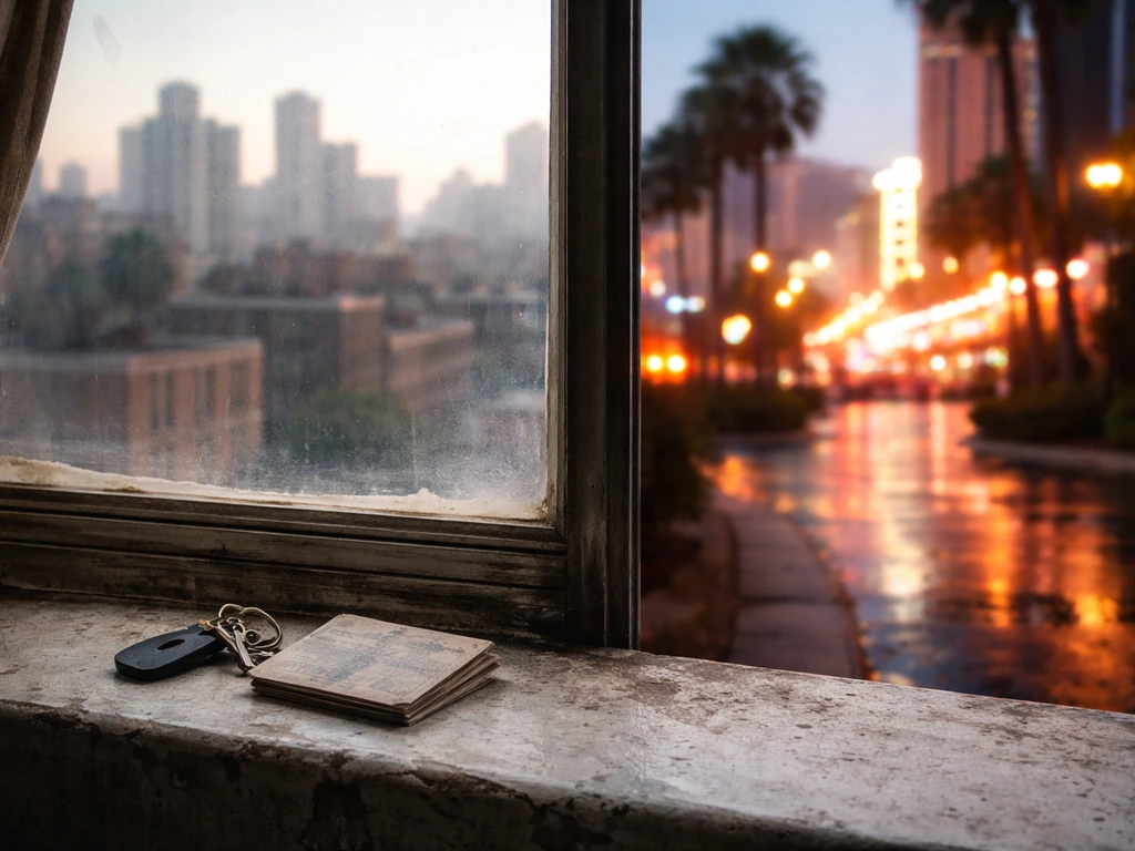 Minimal photo of a worn apartment window view toward a neon-lit Las Vegas street, symbolizing career growth.