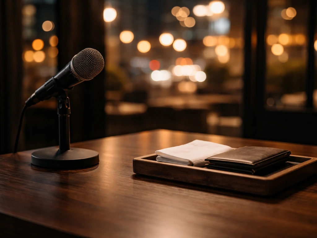 Minimal scene of an upscale studio desk with a microphone and a restaurant bill tray, symbolizing media and business