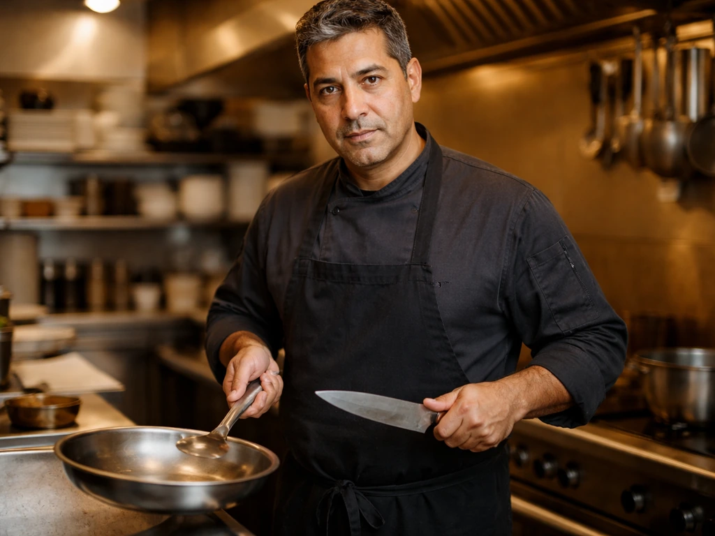 American actor-restaurateur in a dim NYC restaurant kitchen, holding a chef’s knife and pan, focused expression