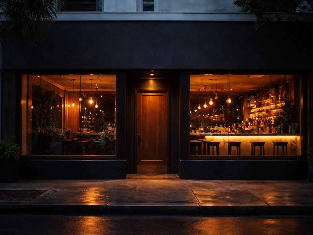 Warm-lit Los Angeles restaurant and bar storefront at dusk with empty sidewalk and visible bar seating.