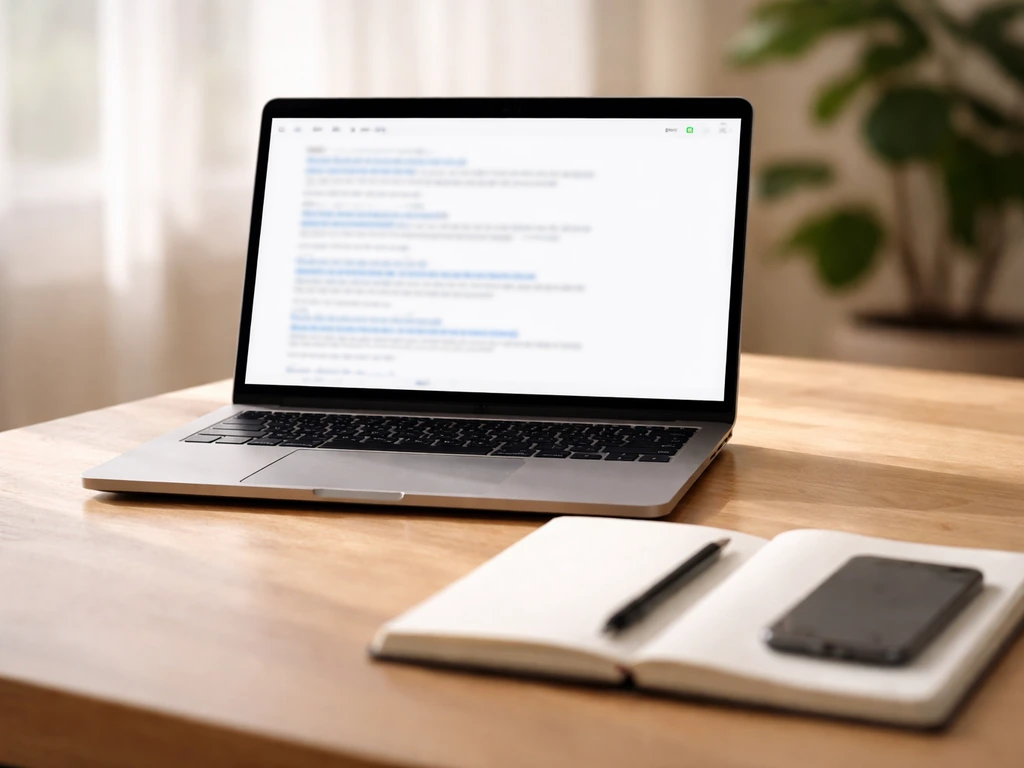 Minimal photo of a laptop with web-browser search on a finance/media topic and a notebook for verifying estimates.
