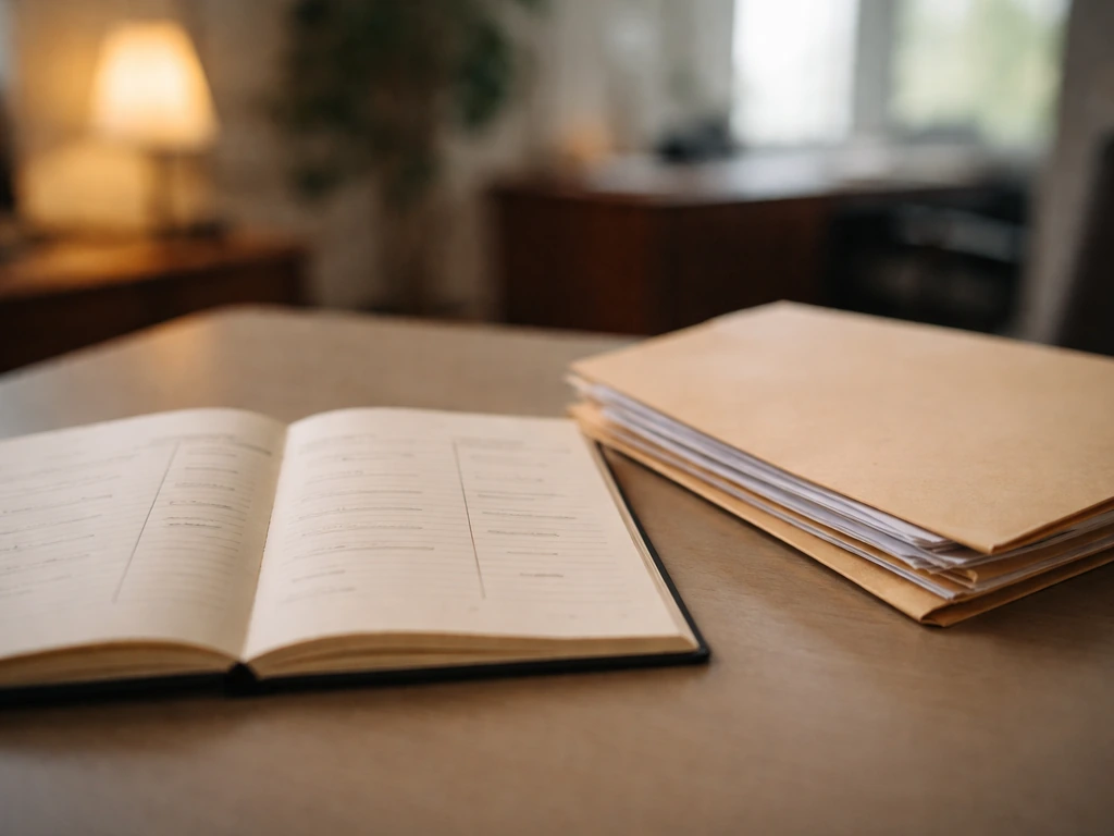 Close-up of a ledger-like assets vs liabilities notebook beside a court-record file folder on a desk