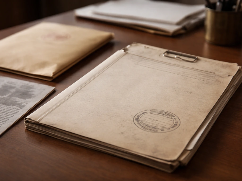 Weathered police docket folder and stamped envelope on a desk, with a blurred clipping nearby.