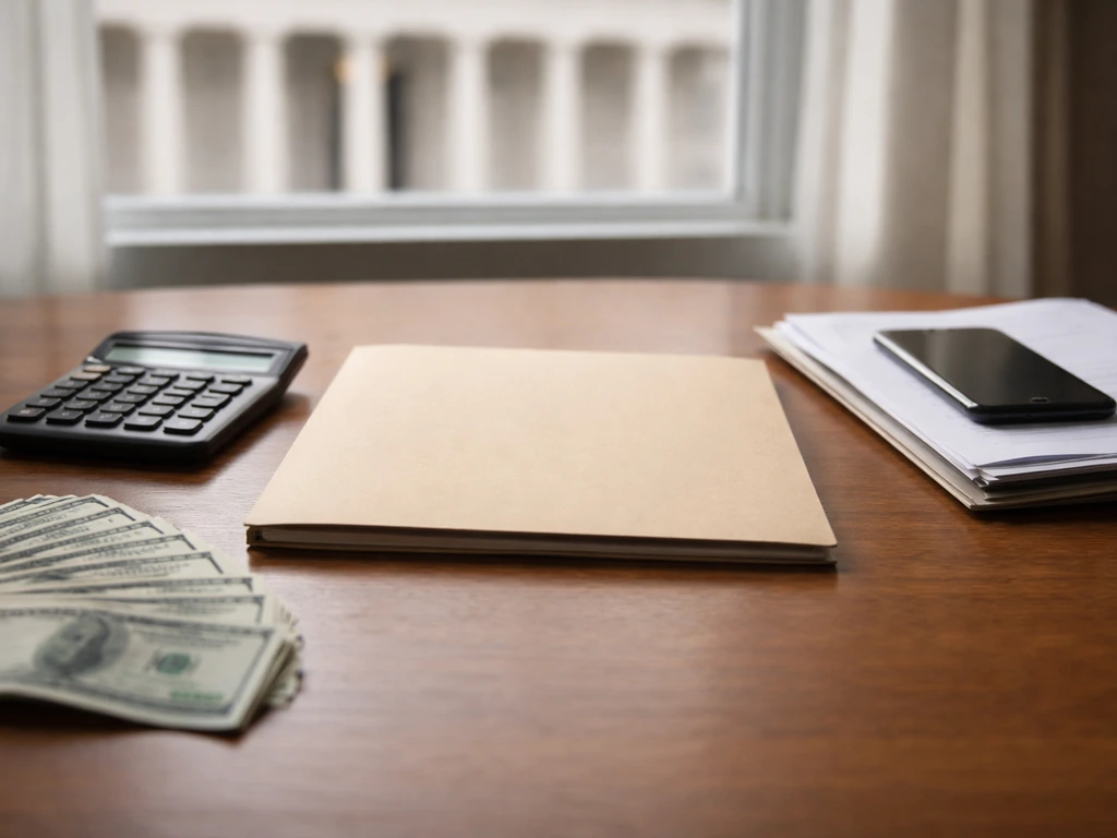 Minimal desk with calculator and dollar bills beside a courthouse view through a window.