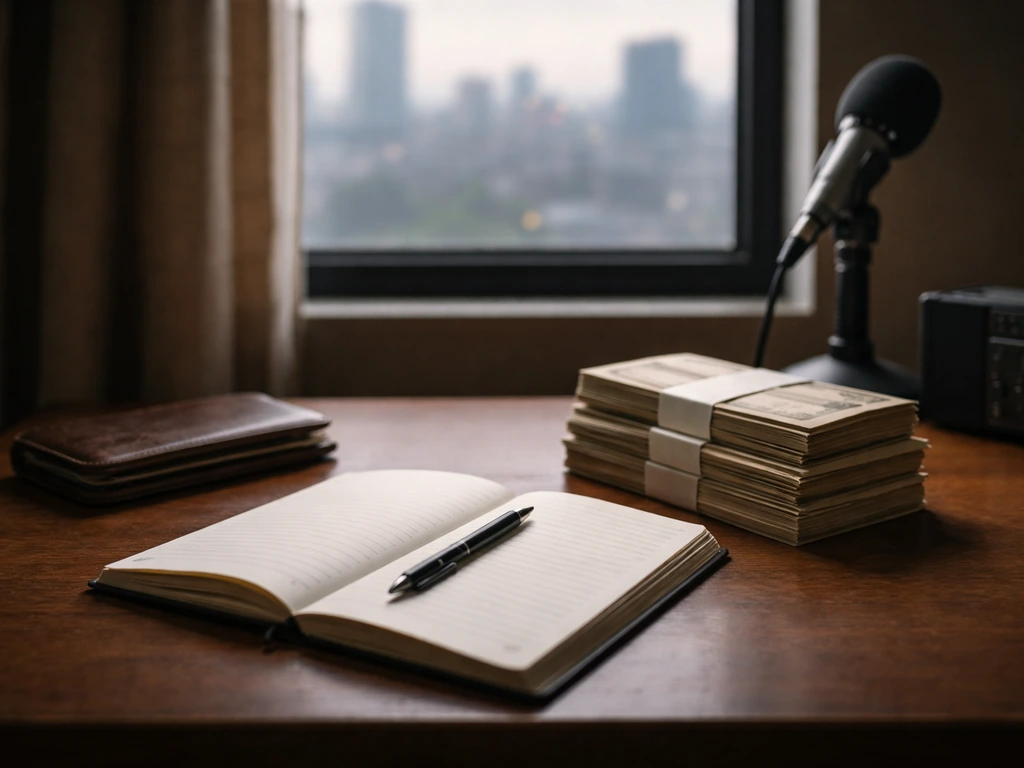 Minimal office desk with wallet, cash envelopes, and notebook beside a small mic and blurred city view.