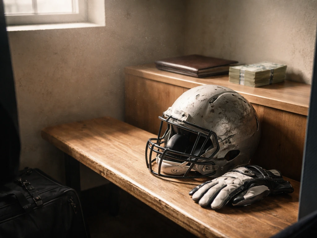 Helmet and gloves in a quiet locker-room with a portfolio and cash stack, symbolic of sports wealth.