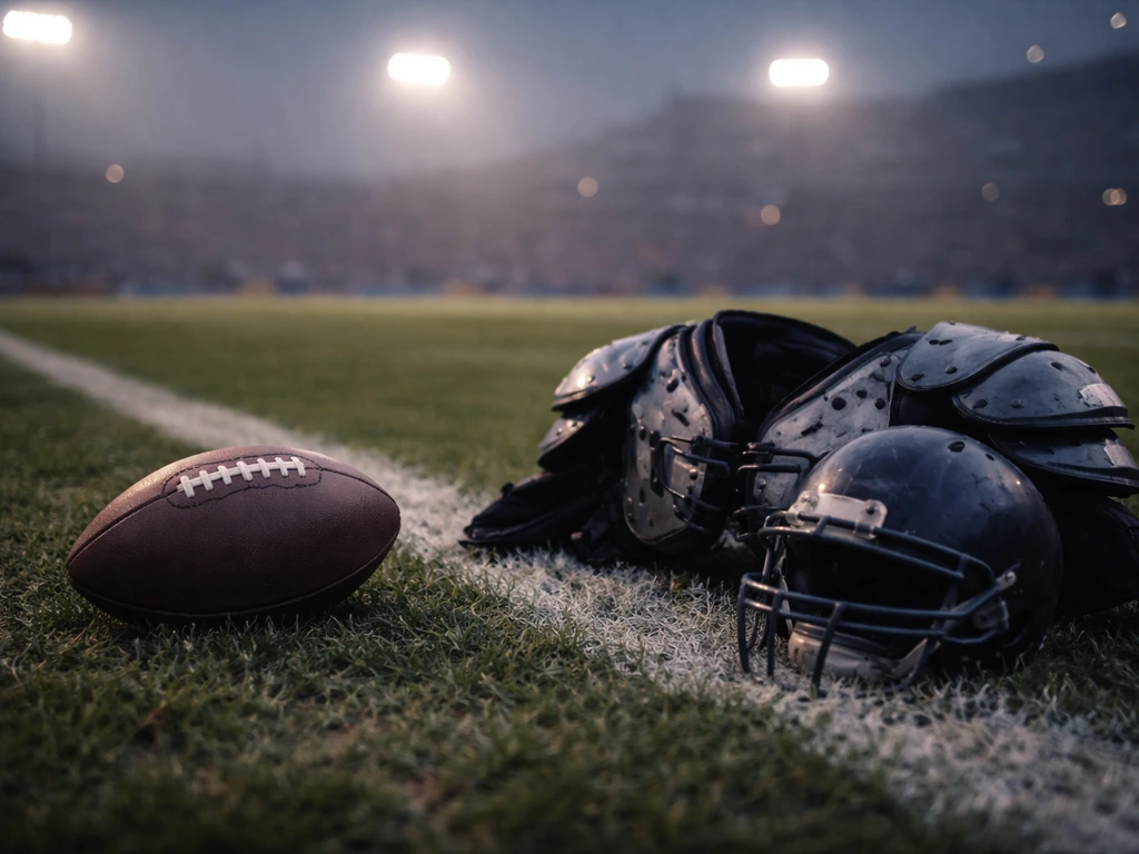 Minimal NFL game atmosphere with a football, helmet, and defensive-style gear on the field under stadium lights.