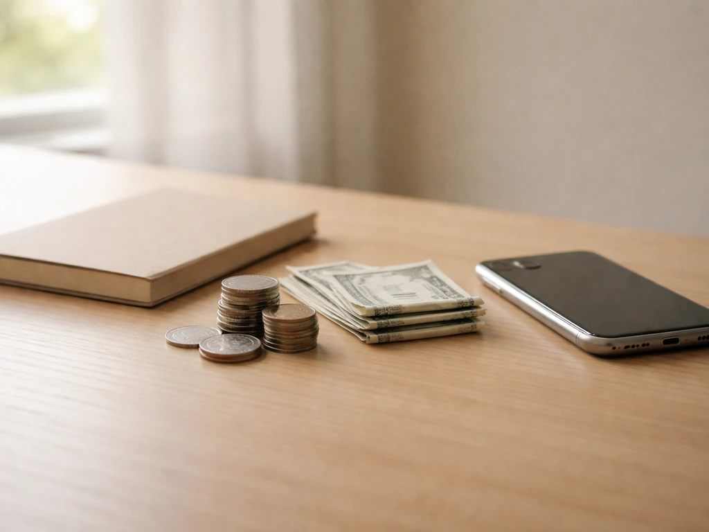 Minimal photo of a quiet desk with a closed notebook, cash, and coins symbolizing estimated wealth range.