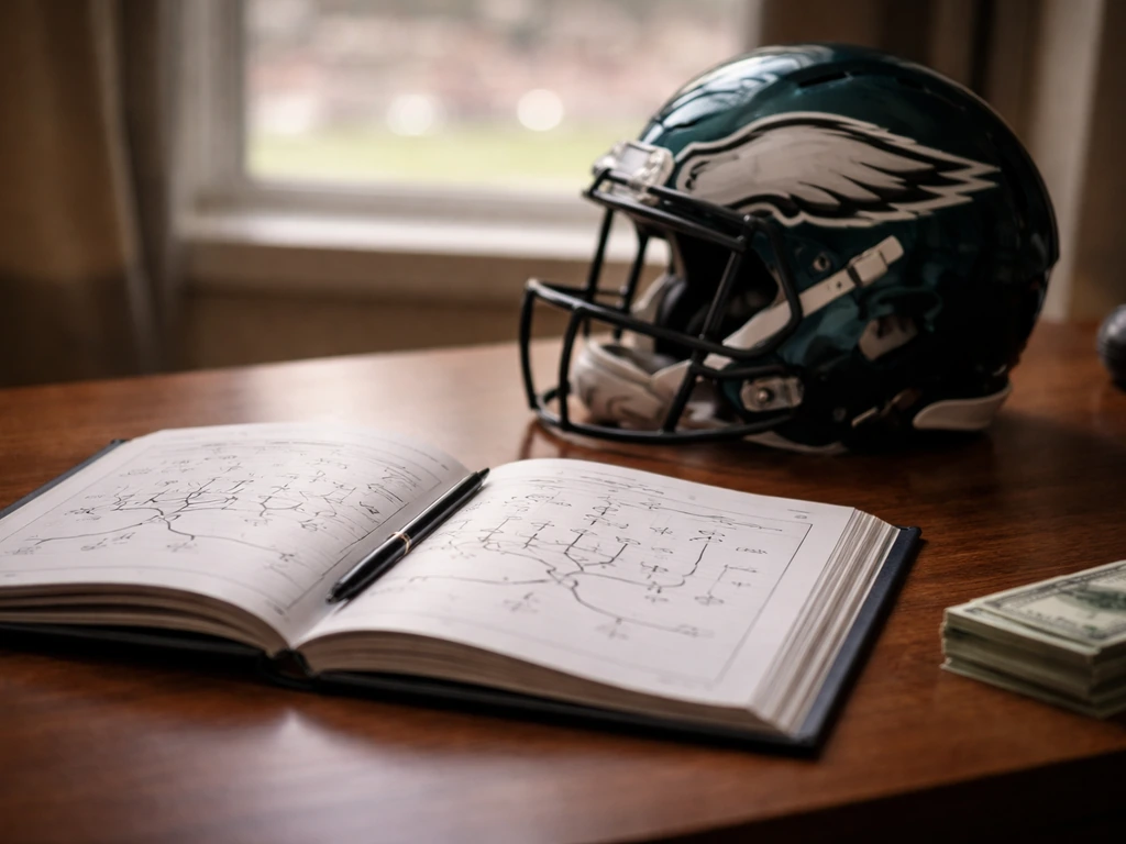 Open NFL playbook on a desk beside an Eagles-themed helmet and cash, hinting at contract earnings.