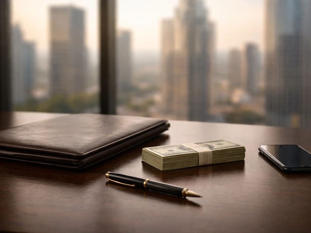 Minimal desk scene with cash and a portfolio by a city window, symbolizing gradual wealth growth over time.