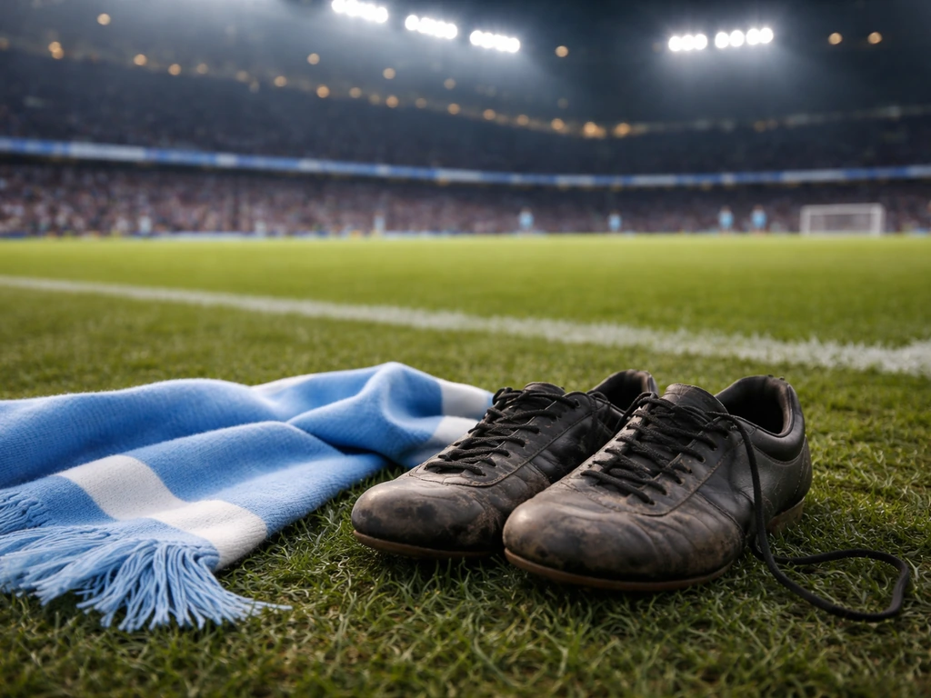 Blue football gear and boots on the pitch with a blurred stadium crowd in the background.