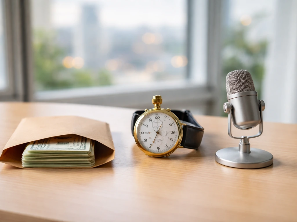 Minimal desk scene with cash envelope, gold stopwatch, and microphone symbolizing income sources.