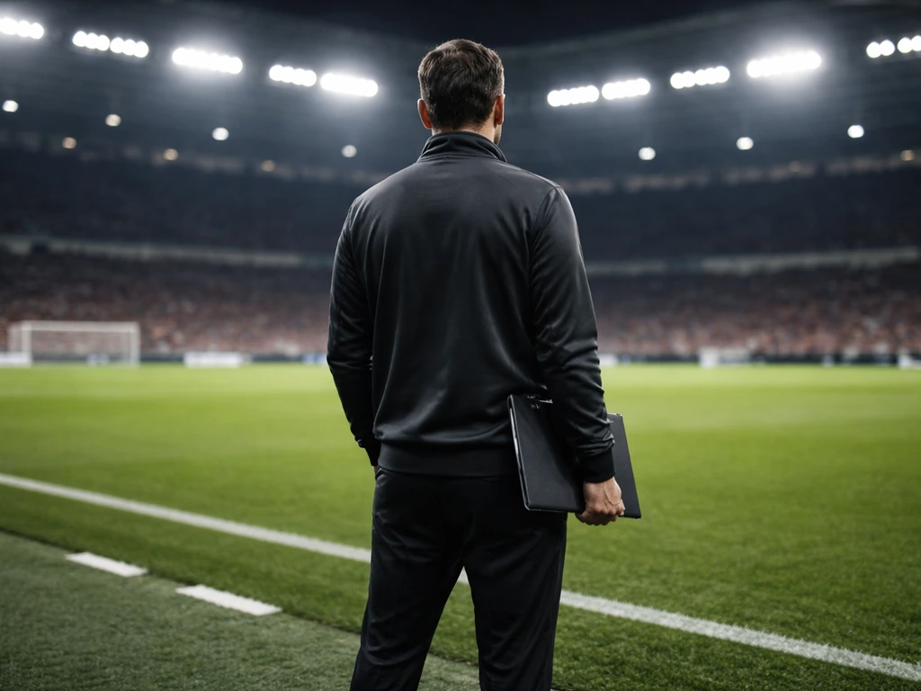 Football coach in training kit near a stadium touchline with a subtle business-like wealth mood