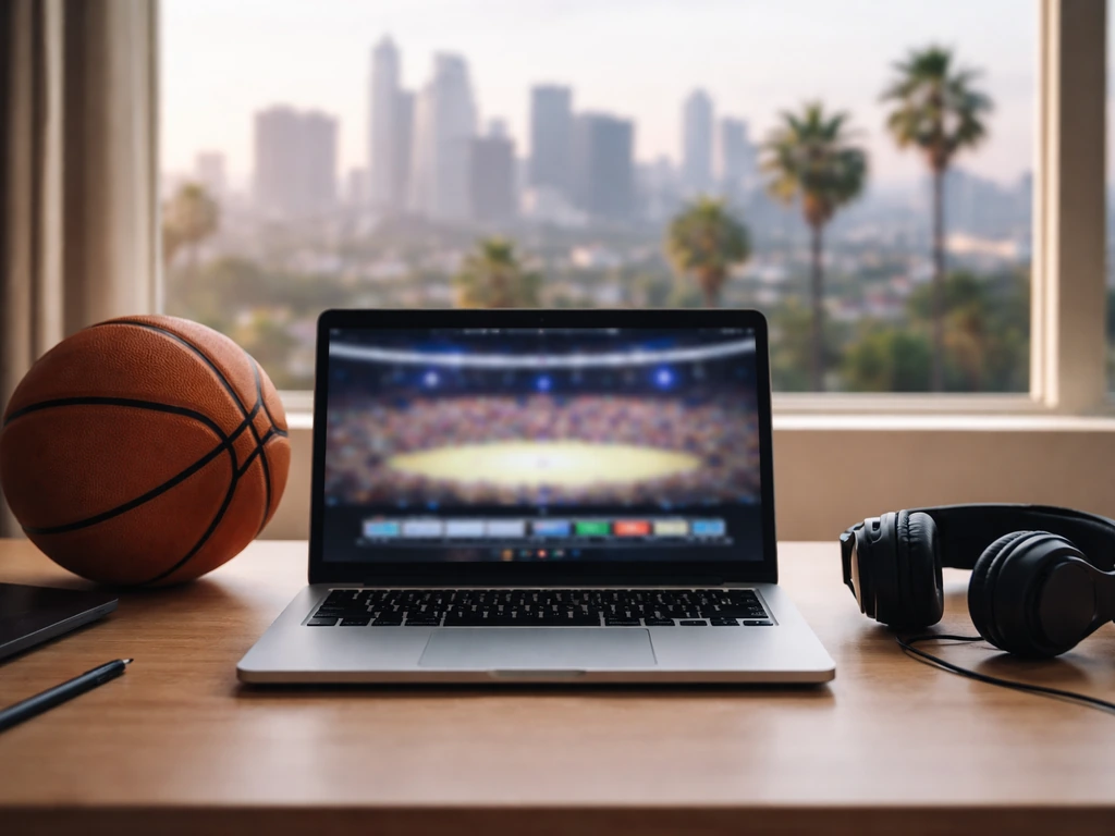 Minimal desk scene with a basketball and laptop suggesting NBA sports media disambiguation.