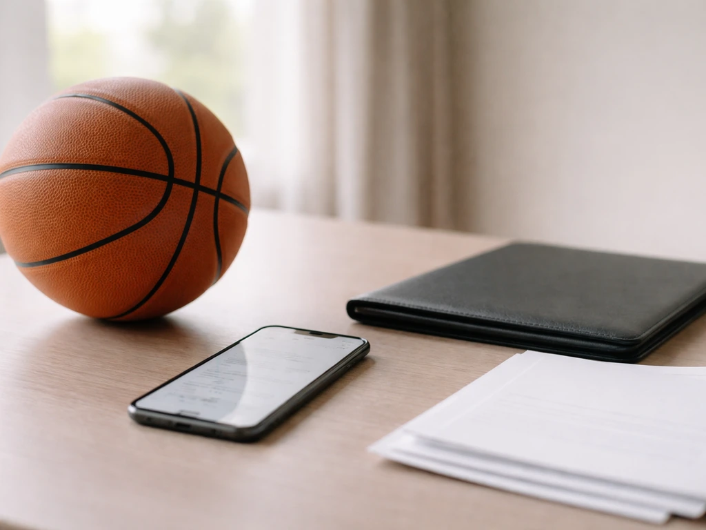 Minimal desk scene with a basketball, contract folder, and phone symbolizing NBA salary history timeline.