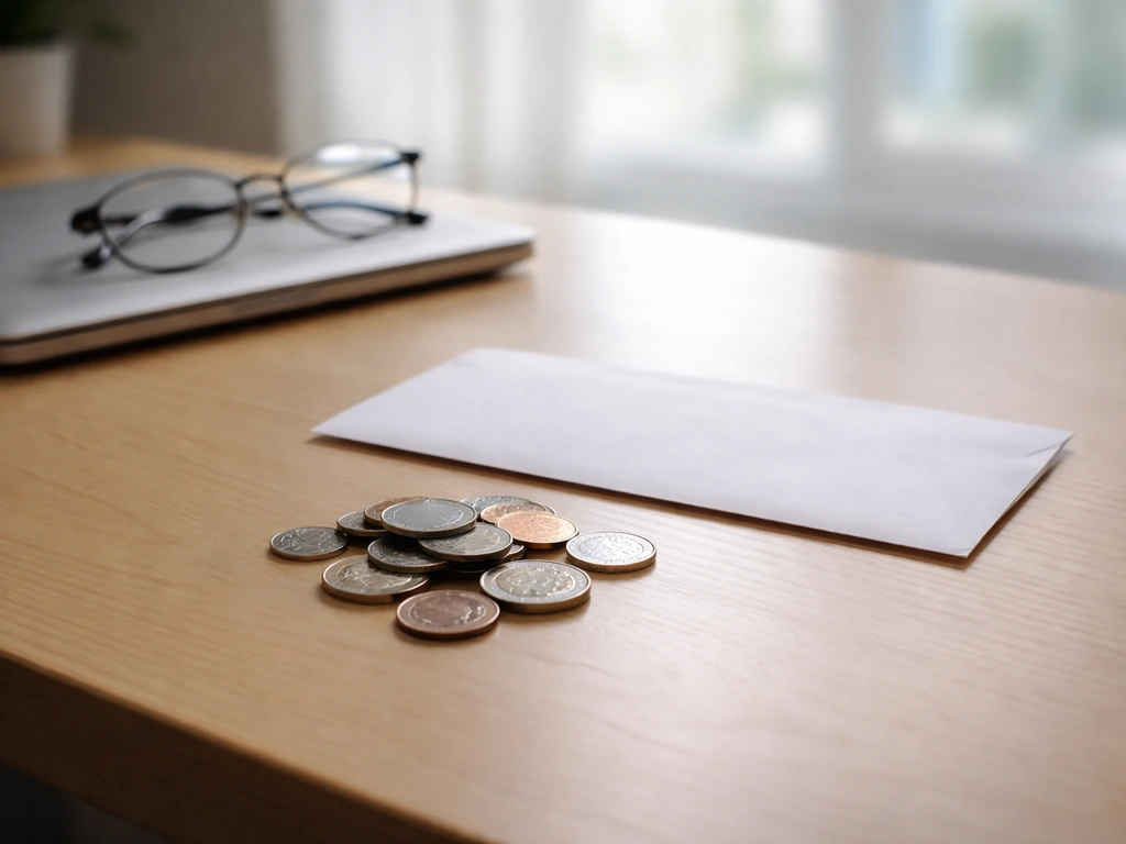 Minimal desk scene with scattered coins and a closed laptop, symbolizing conflicting net worth estimates.