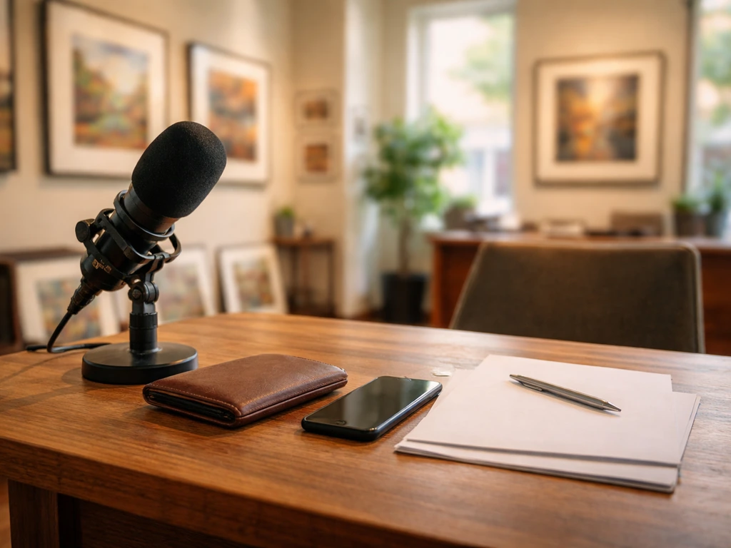Minimal art gallery office desk with money-related items and media gear, warm natural light.