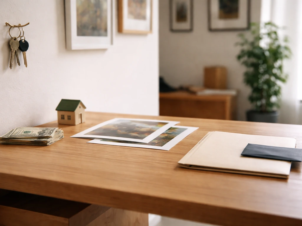 Minimal studio desk with scattered cash, keys, a house model, and a single closed folder to suggest assets minus liabili