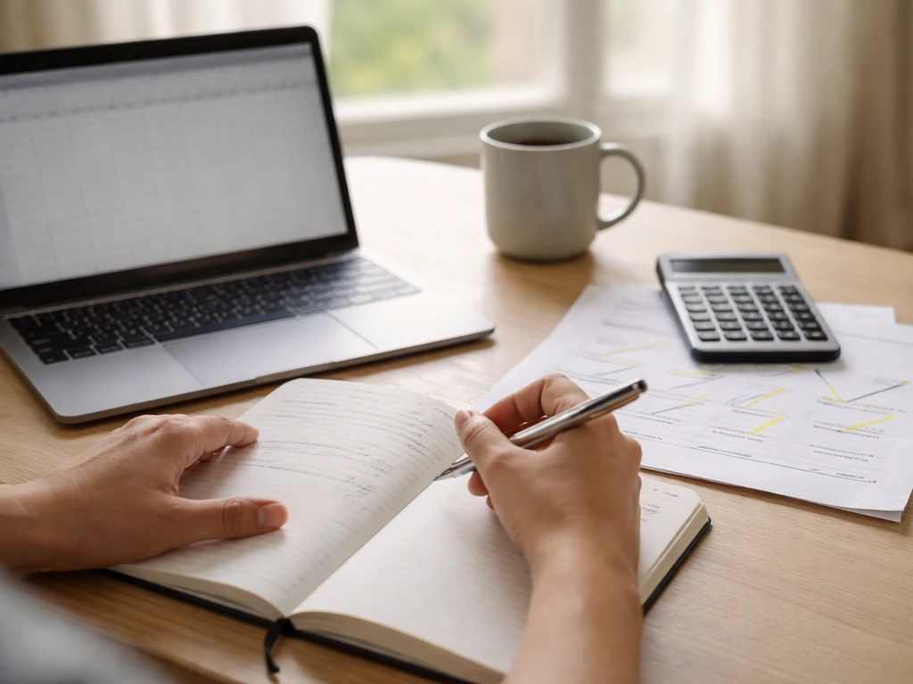 Minimal desk scene with paper notes and a calculator, suggesting cross-checking a net worth range.