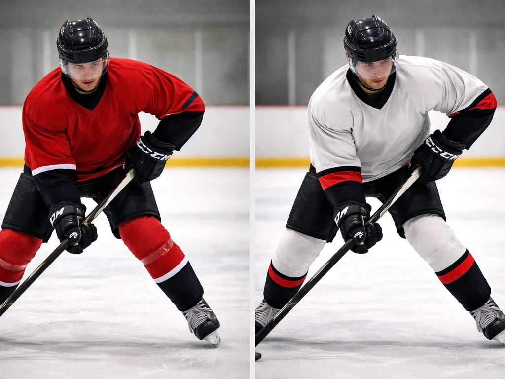 Split-screen style showing an anonymous hockey player in two jersey colors, suggesting “Vincent” vs “Vinny.”