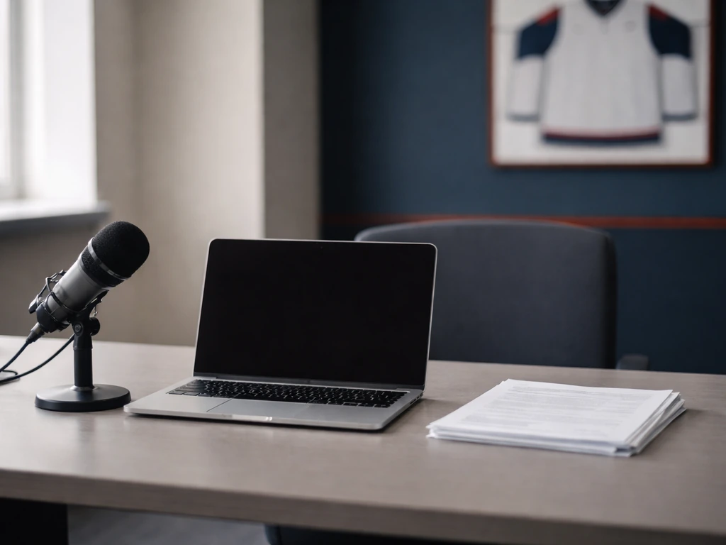 Empty hockey-themed office desk with laptop and microphone, suggesting a post-retirement advisor role and income shift.