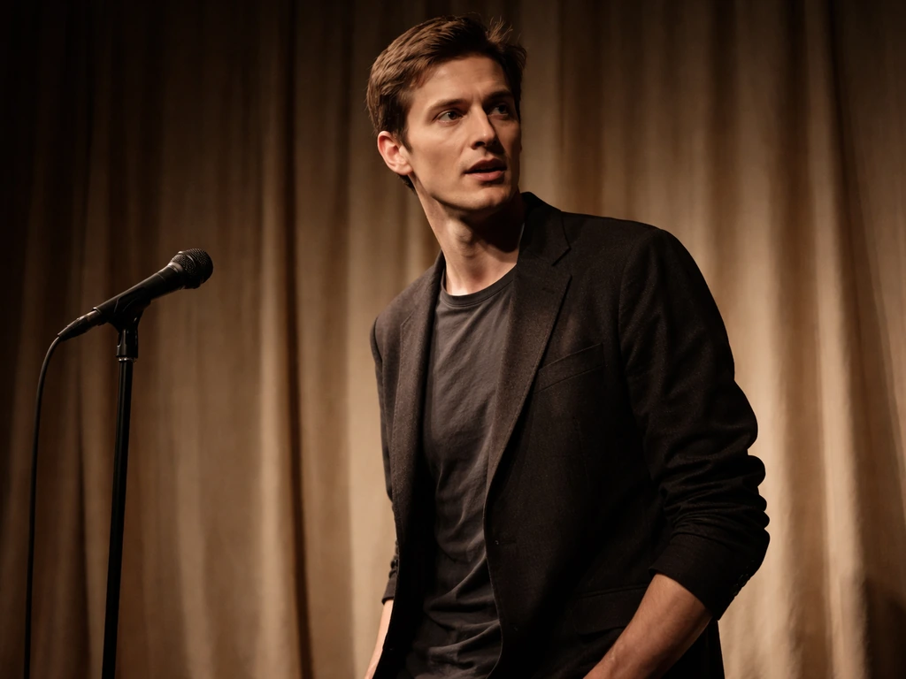 Anonymous tall character actor on a small stage beside a microphone stand, soft side lighting and simple backdrop