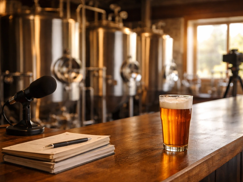 Amber beer and stainless brewery tanks with a small microphone, suggesting business analysis in a brewing setting.