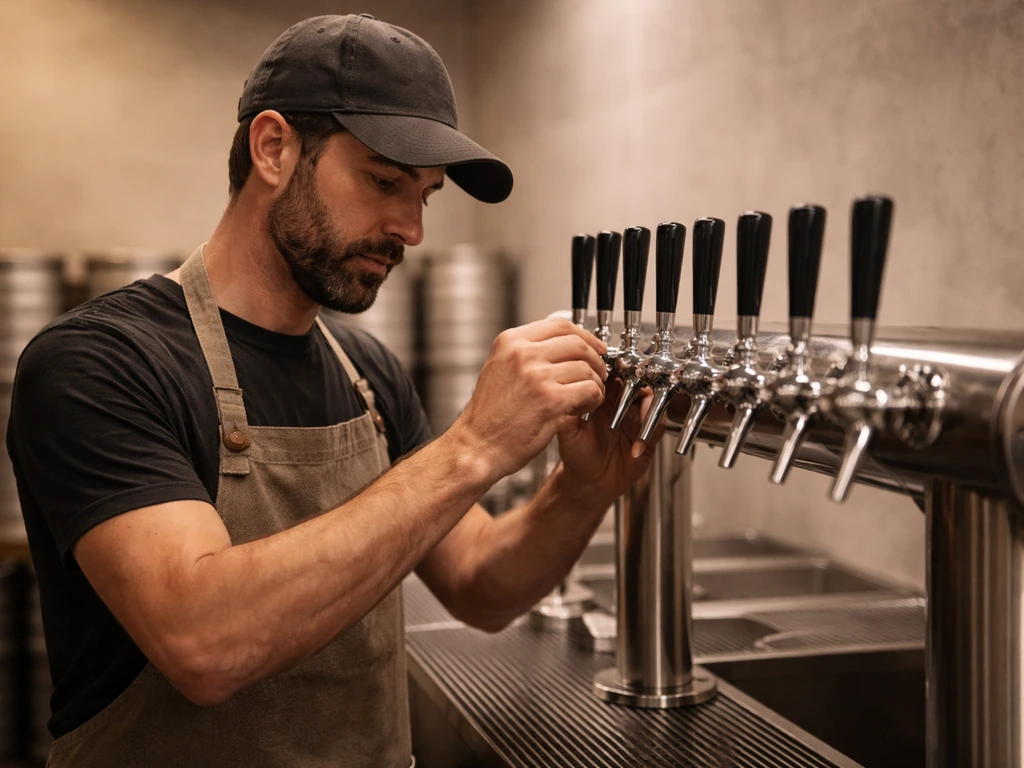 Brewer in a small craft brewery taps a keg, wearing a cap and apron in a warm, minimal setting.