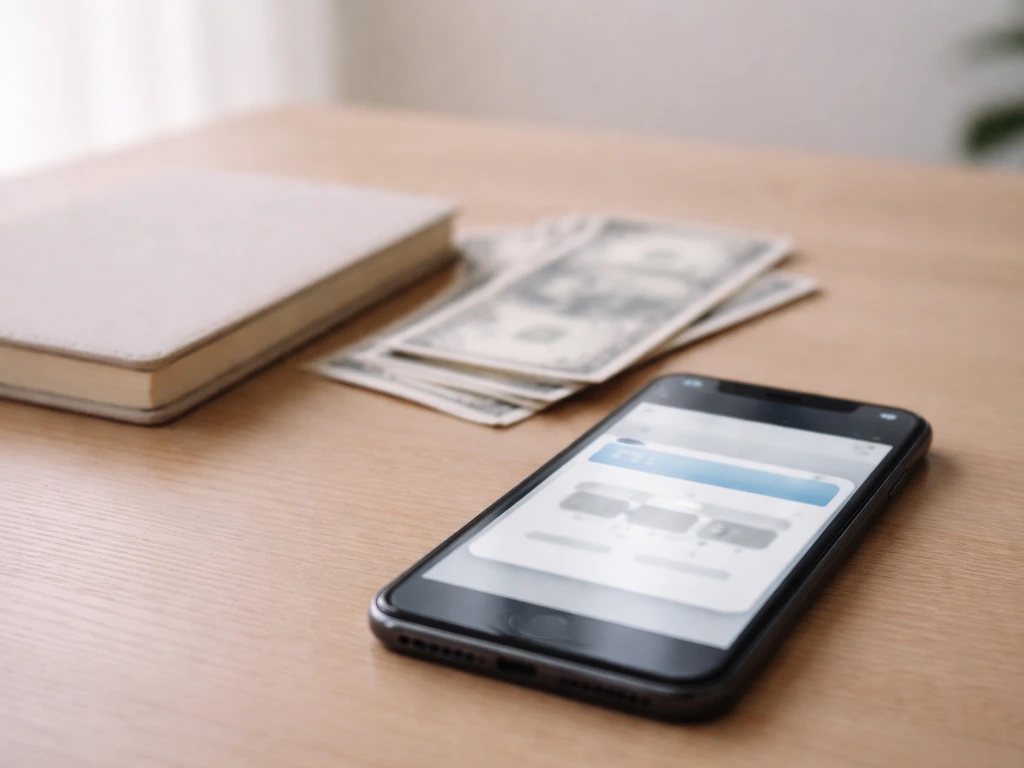 Minimal desk scene with a blurred finance dashboard and paper money symbolizing estimate ranges