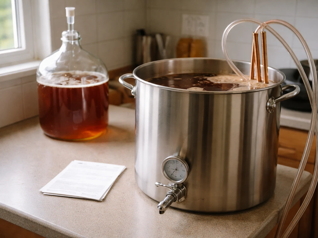 Minimal homebrewing scene with a stainless kettle and glass carboy bubbling on a kitchen counter.