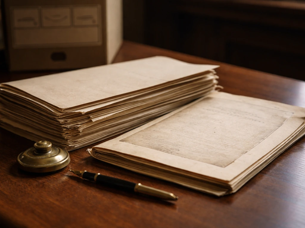 Vintage manila probate record folders on a desk with a pen and paperweight, no readable text.