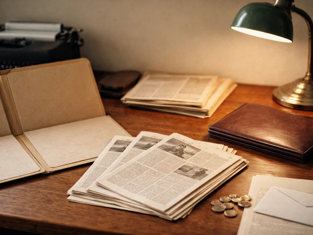 Vintage newspaper clippings and office documents on a desk suggesting estate research and money range sources.