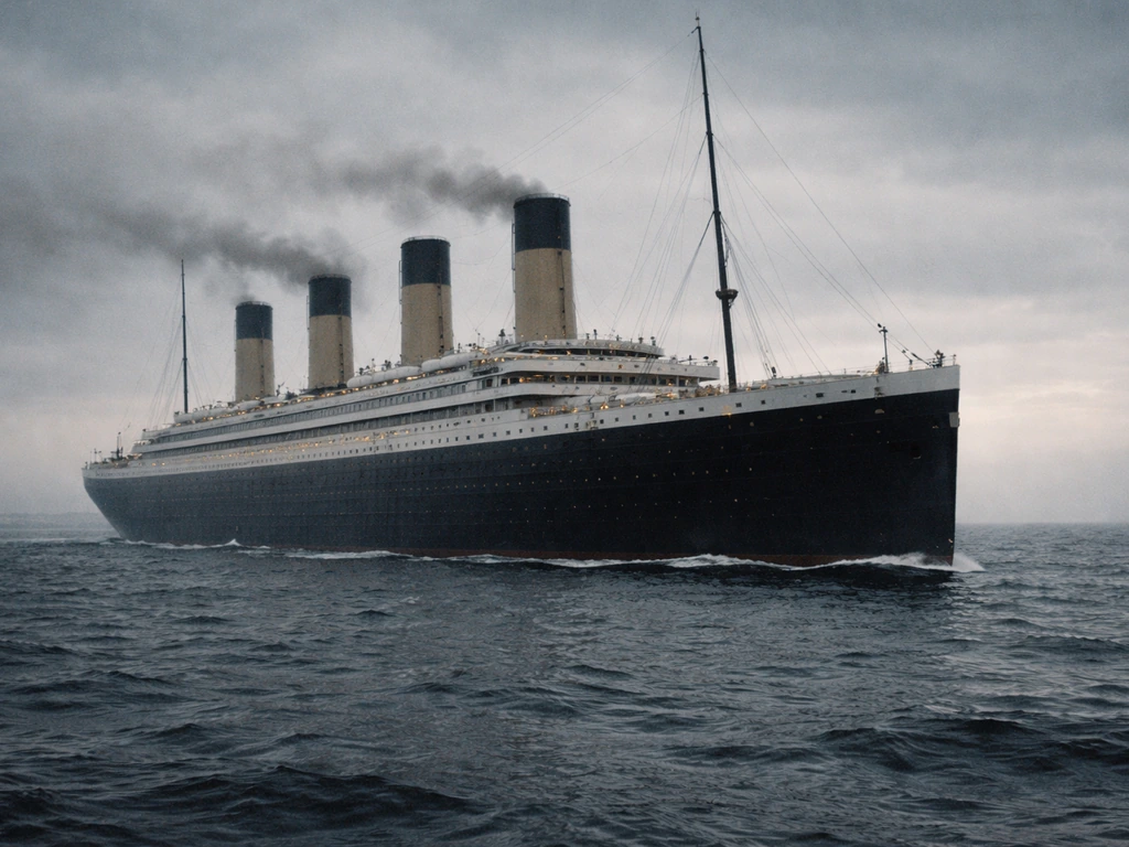 Archival-style view of the Titanic’s exterior at sea, moody 1912 atmosphere.