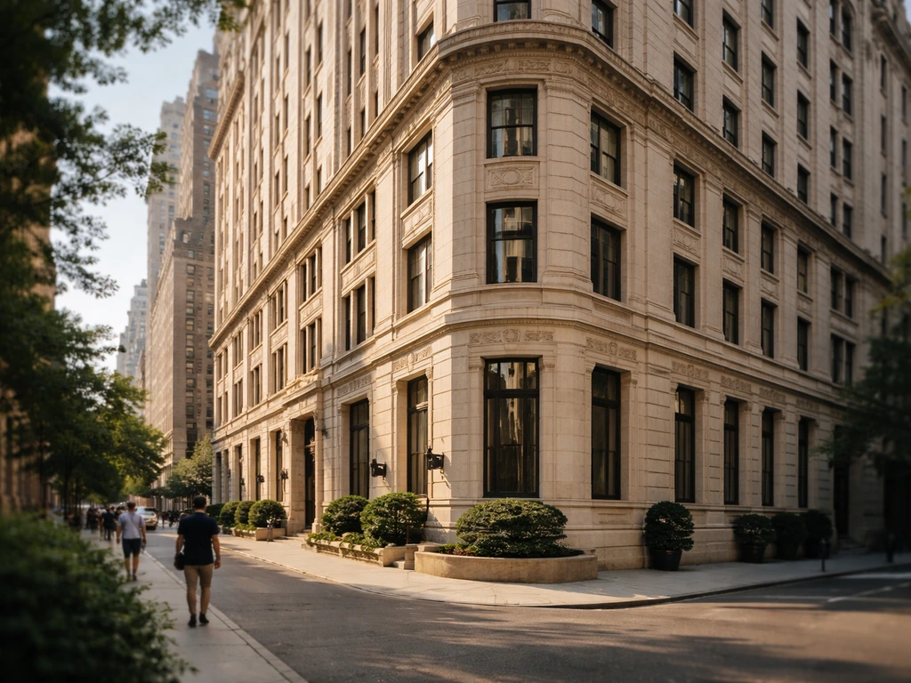 Street-level view of an iconic Manhattan limestone building with warm light and quiet sidewalk.