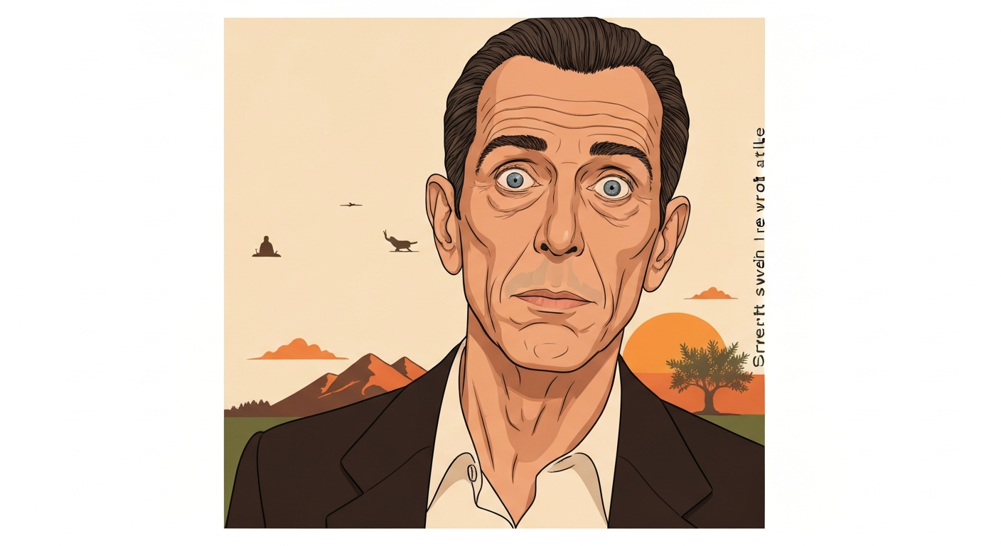 Editorial-style illustrated portrait of Vincent Schiavelli with subtle film icons and a Sicilian landscape in the background.