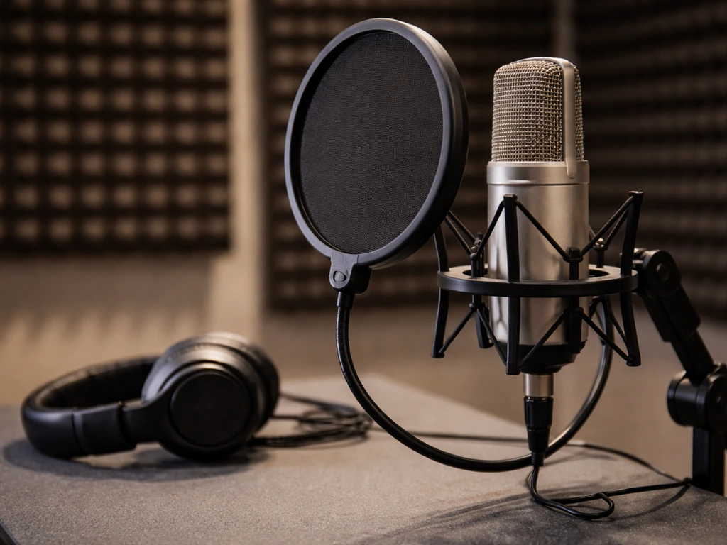 Close-up of a studio microphone with pop filter and headphones on a desk in a sound-treated room
