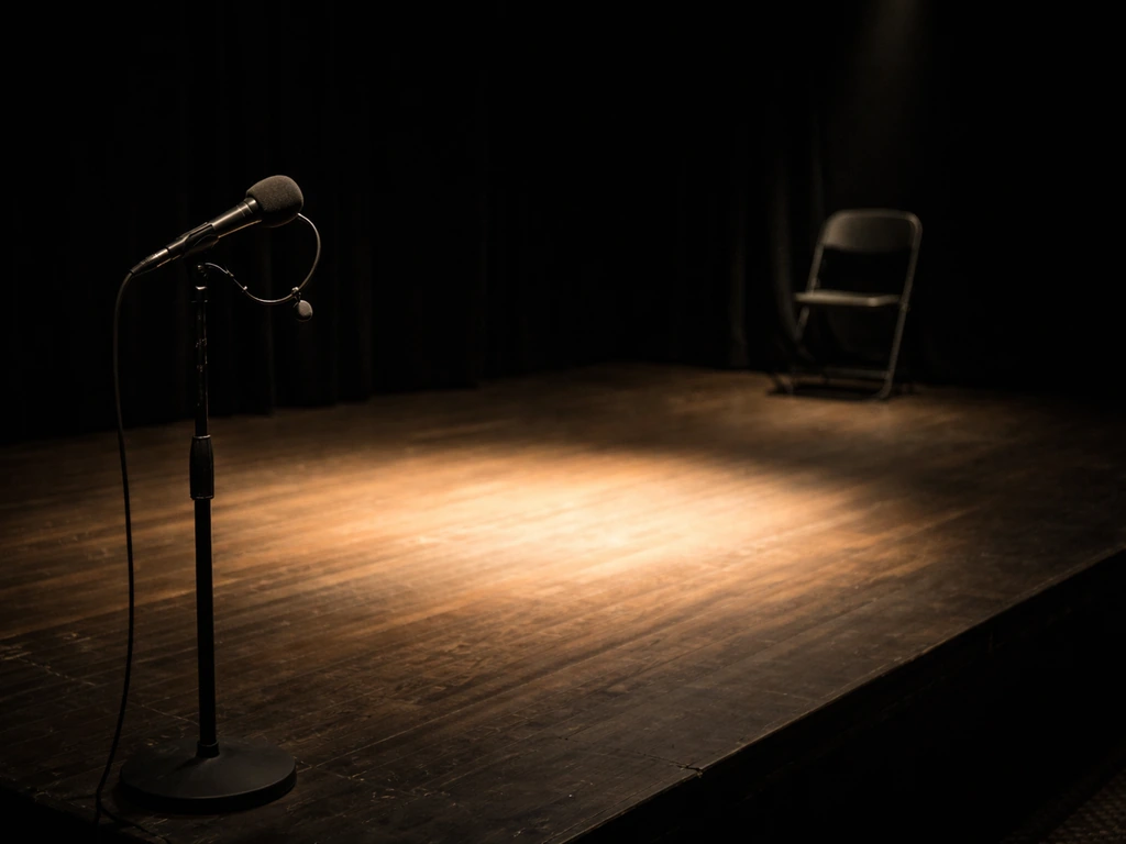 Empty black-box theater stage with a spotlight and headset microphone stand for live performance context.