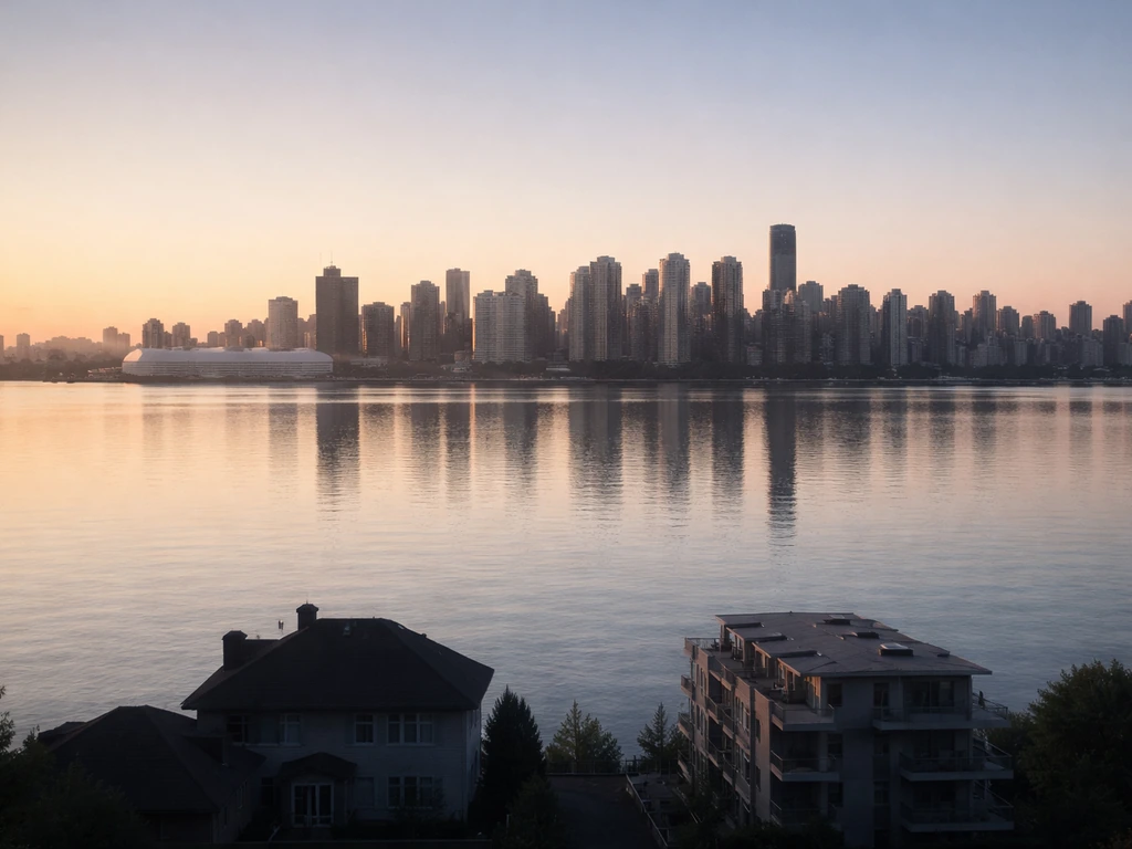 Dawn Vancouver waterfront skyline with subtle home-and-property silhouettes, suggesting lifestyle and wealth context.