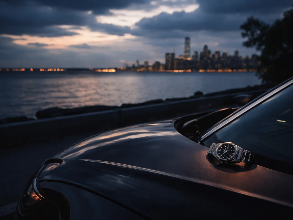 Cinematic scene of a Staten Island waterfront at dusk with a luxury car silhouette, suggesting TV fame and wealth contex