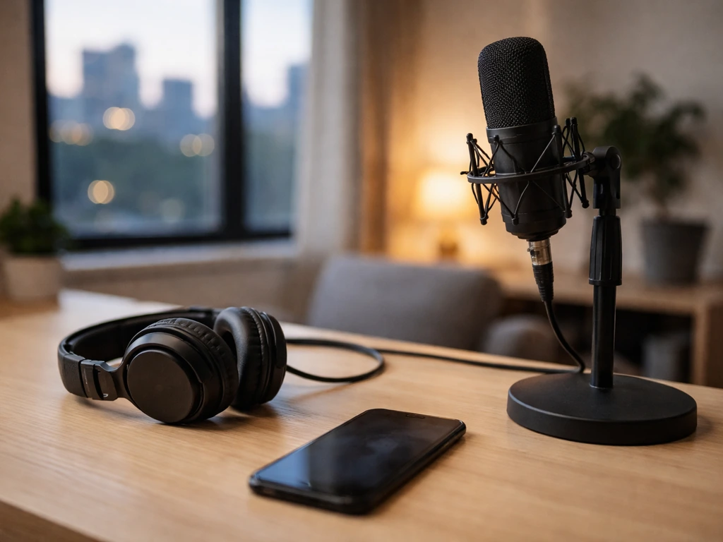 Minimal media-studio desk with microphone and headphones, symbolizing identity research without showing individuals