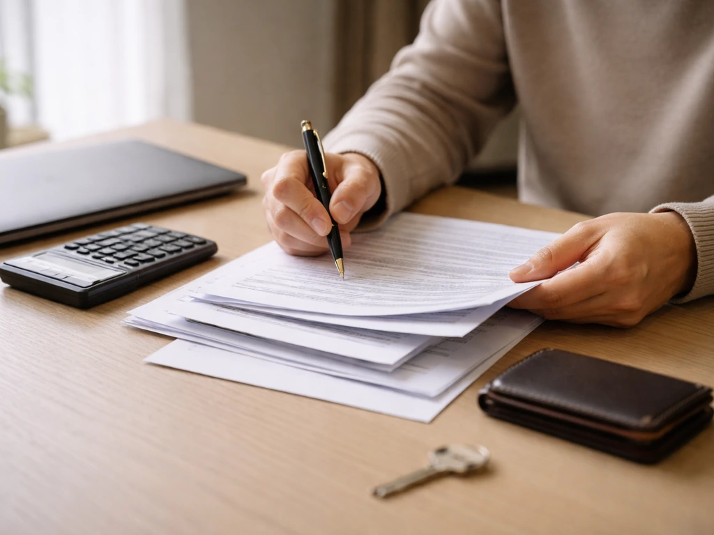 Person at a desk reviewing financial documents with a calculator and small stack of valuables